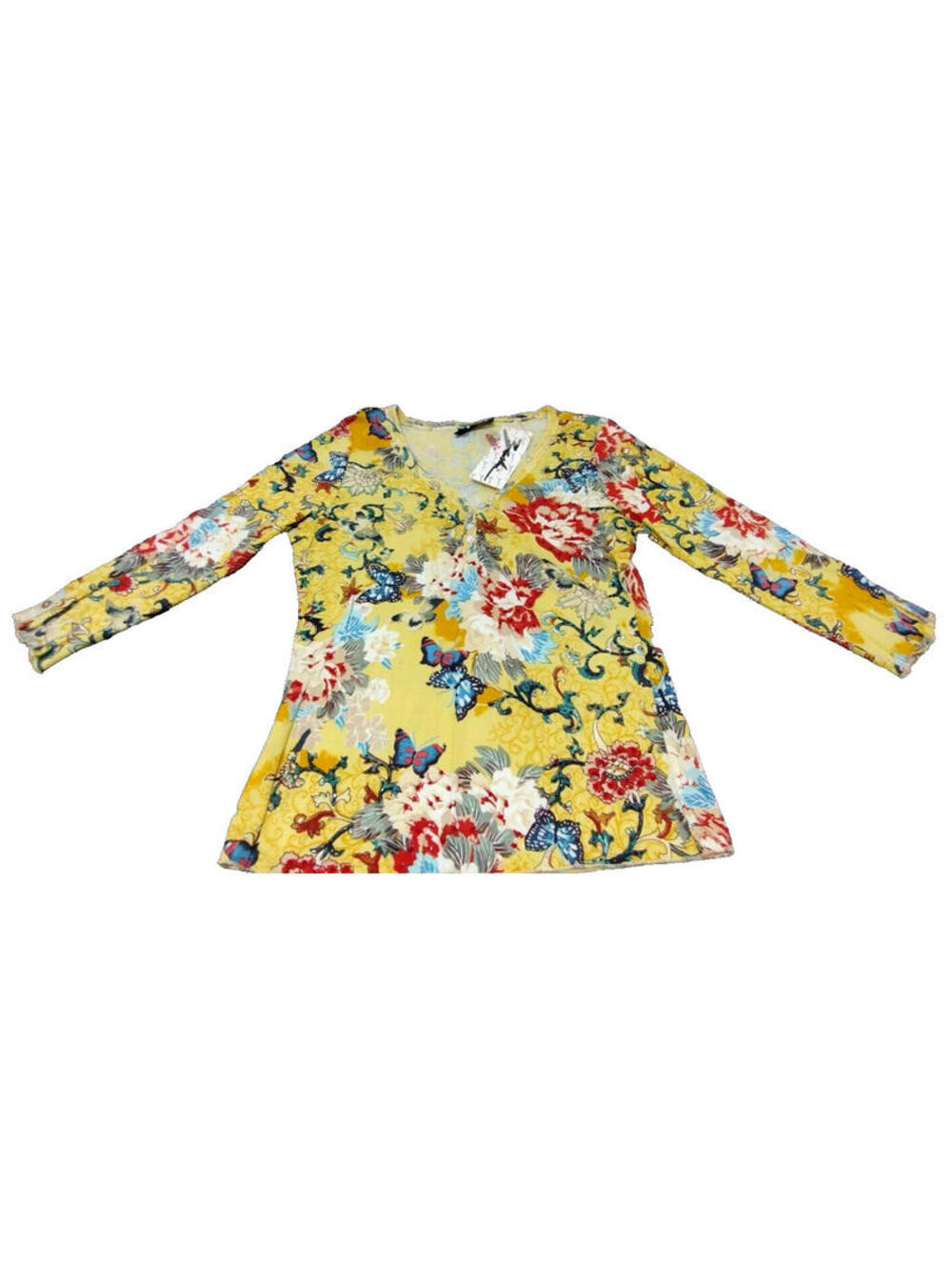 Vintage 90s Yellow Top Butterflies Beaded Asian Spring Floral 3/4 Sleeves NEW S